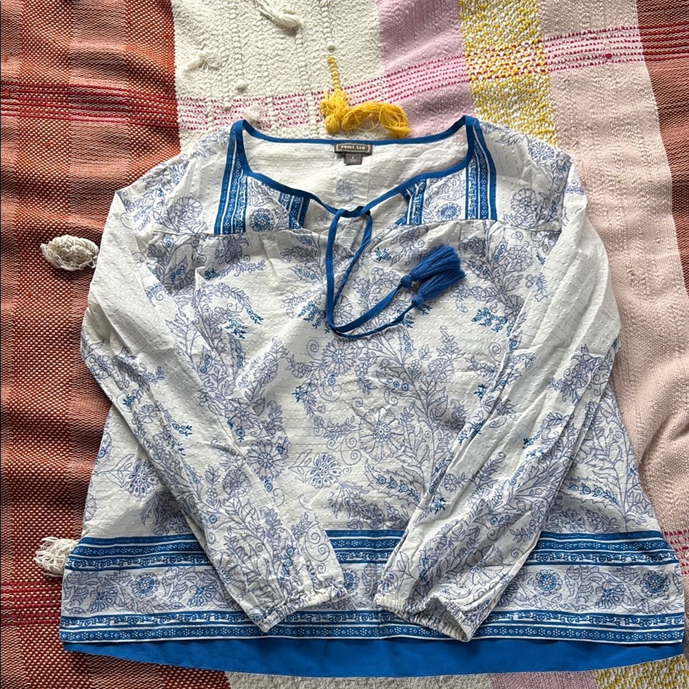 J. Crew White and Blue Floral Peasant Blouse